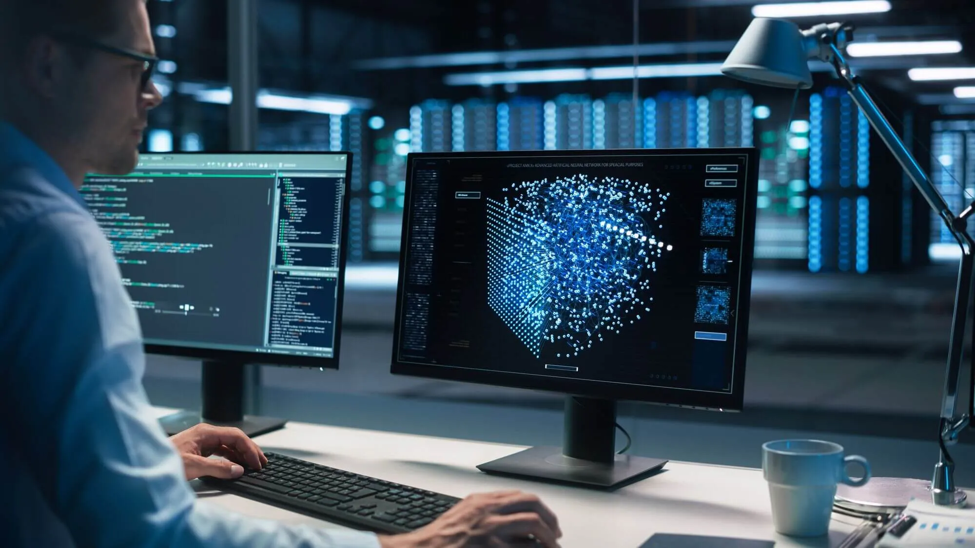 Battery diagnostics engineer analysing EV cell-level data on multiple screens in a data centre